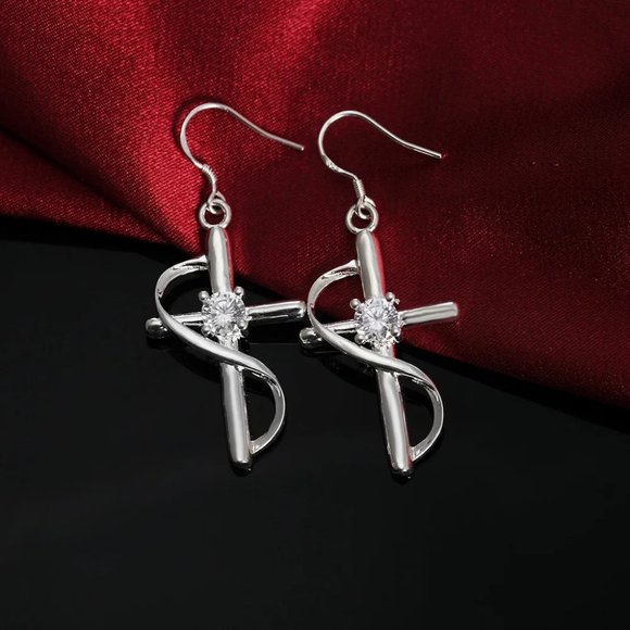Beautiful Crystal Cross Hanging Earring's Solid 925 Sterling Silver - Picture 3 of 8